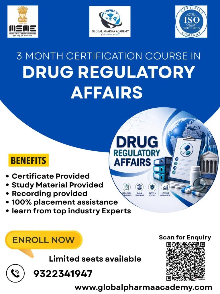 3 Month Certification Course in Drug Regulatory Affairs